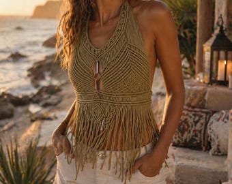 Boho top met macramé franjes | Rugloze vakantie strandkleding