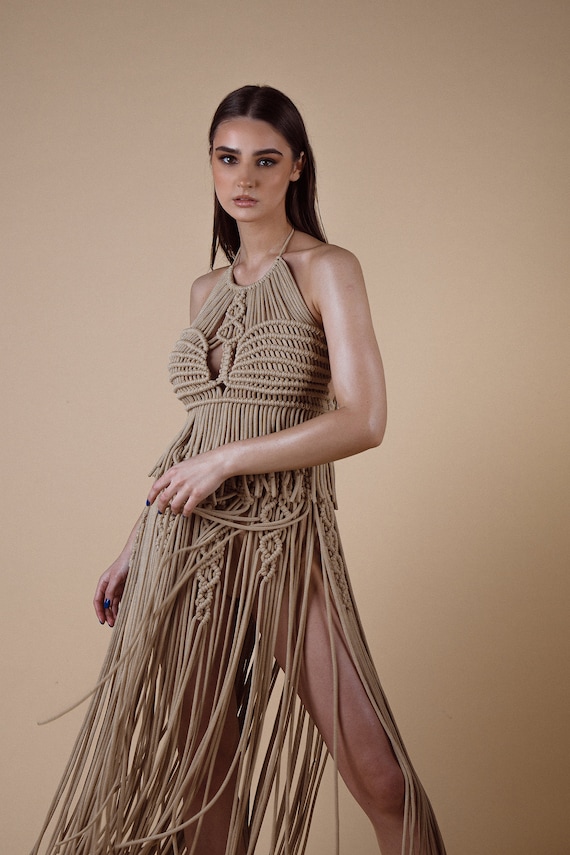 Beige Macrame Boho Dress, Two Piece Beach Outfit