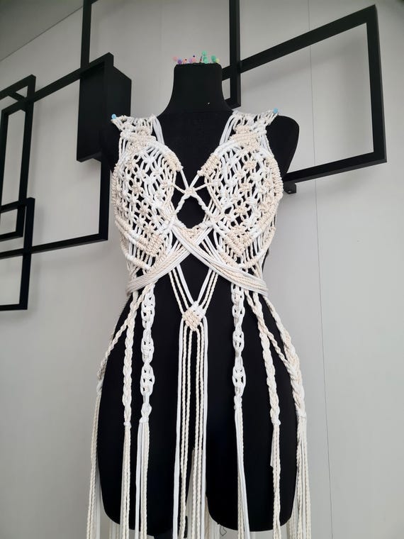 White Macramd Cover Up / Cover Up Dress / Bridal Wear / Beach Gown / Macrame Wedding Dress / Beach Party Dress / Boho Beach Wear