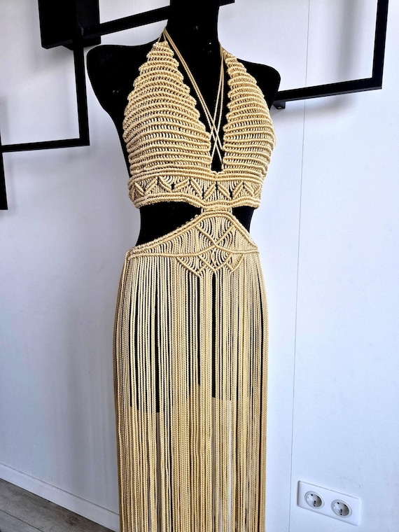 Handmade Golden Macrame Fringe Dress: Halter Boho Festival Outfit