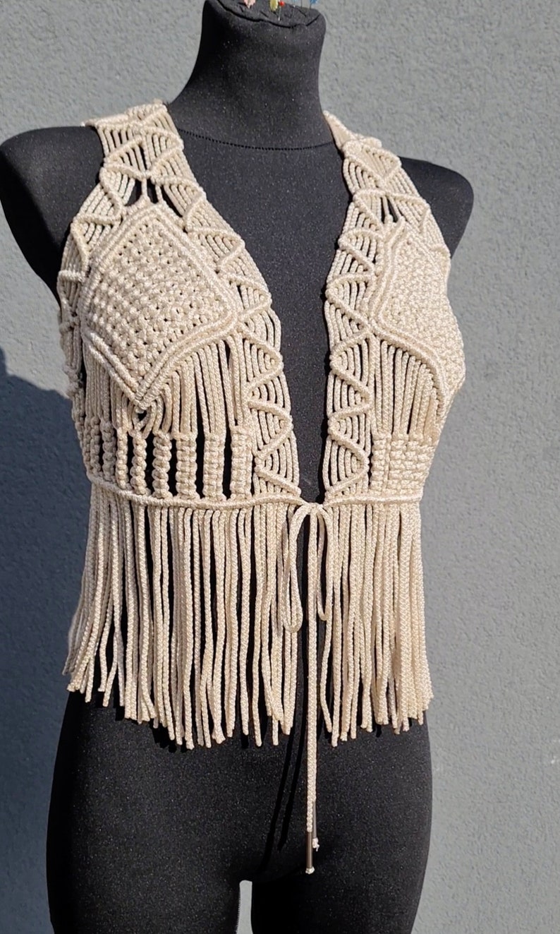 Macrame waistcoat, Tassel waistcoat, Bohemian style outfit, Beach wear