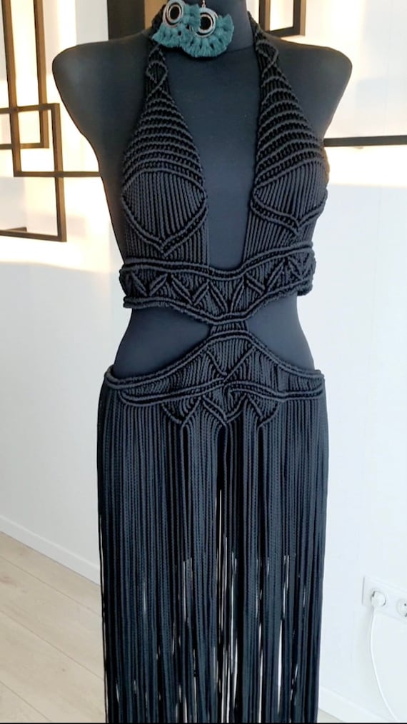 BLACK MACRAME DRESS | Black Goddess Gown | Burning Man Festival Dress |  Handmade Boho Dress | Black Macrame Outfit | Elegant Beach Dress - Etsy UK