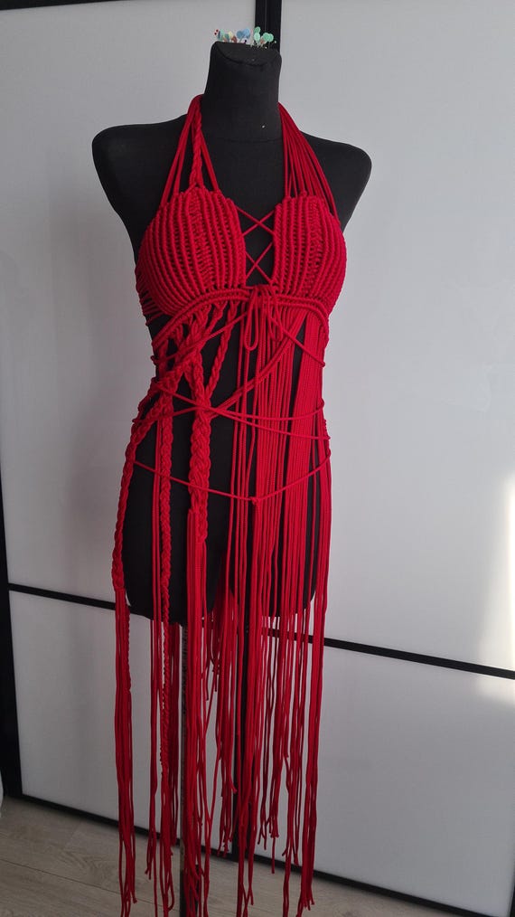 Red Macrame Fringe Dress, Asymmetrical Bohemian Festival Outfit