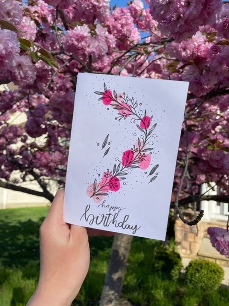 Pink Floral Happy Birthday Card - Etsy