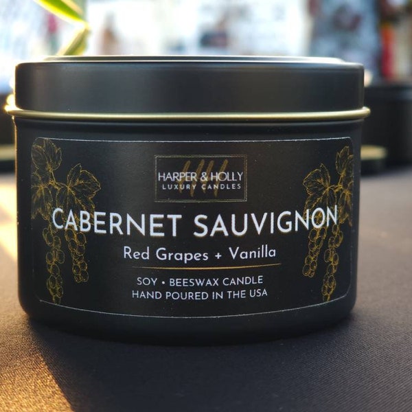 Cabernet Sauvignon Candle | Wine Candle | Soy and Beeswax Candle | Nontoxic Candle | Red Grape and Vanilla | Handmade | Tin Candles