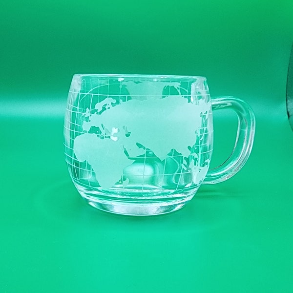 Nestle Nescafe World Map Globe Etched Glass Mug Coffee Cup 1970s Promo Vintage
