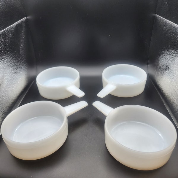 Glasbake Ovenware White Milk Glass 14oz Soup Bowl Handle  J-2639 Set of 4 Vtg