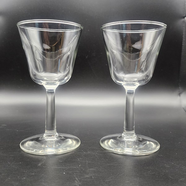 Cordial Wine Stemmed Clear Flared Liquor Glasses Vintage Barware Set of 2