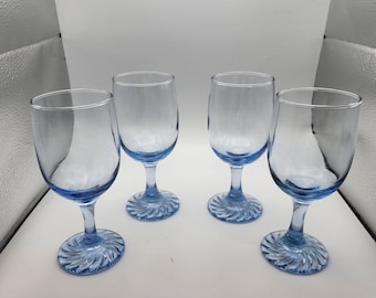 Duz Crystal Wine Glasses Swirl Base Light Blue 10 Ounce Vintage Stemware Set of 4