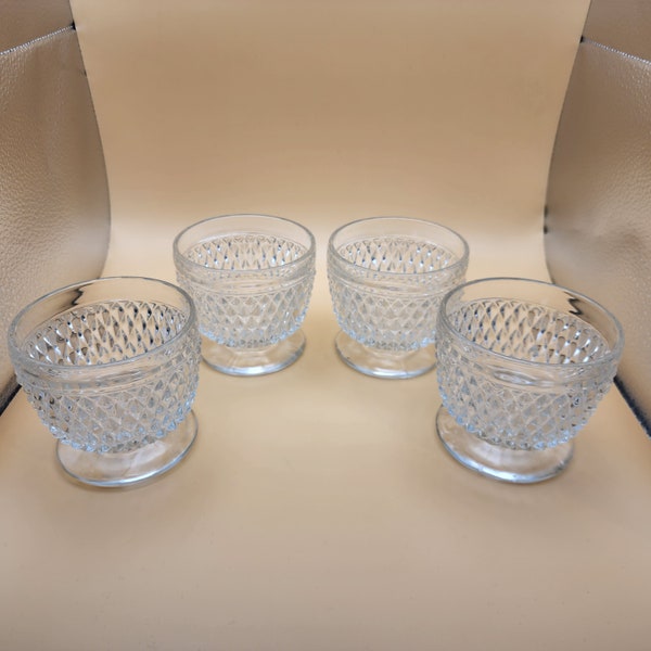 Indiana Glass Diamond Point Clear Smooth Footed Sherbet Glasses Set of 4 Vintage