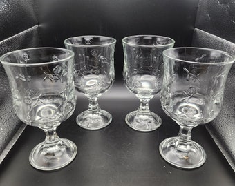 Anchor Hocking Savannah Vintage Clear Water Goblets 7 1/4” Set Of 4 Floral Glasses
