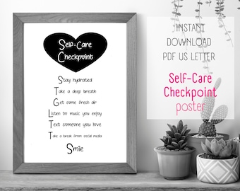 Wall Art Poster Self-Care List Checkpoint Motivational | Instant Download Print From Home | Cute Modern Design