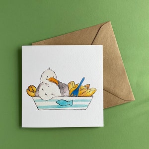 Cartão de felicitações Seagull Chips | cartão ecológico | cartão de praia | cartão de praia | cartão de humor | cartão engraçado | cartão para ele | gaivota | luxo reciclado