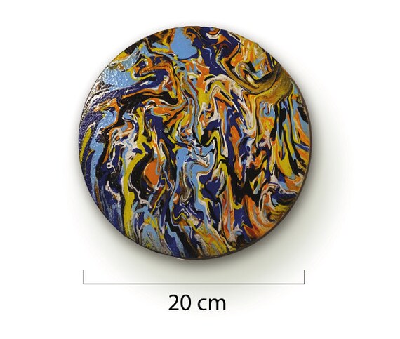 直径20cmのオリジナルの円形抽象アクリル画、カラフル、アクリル注ぎ