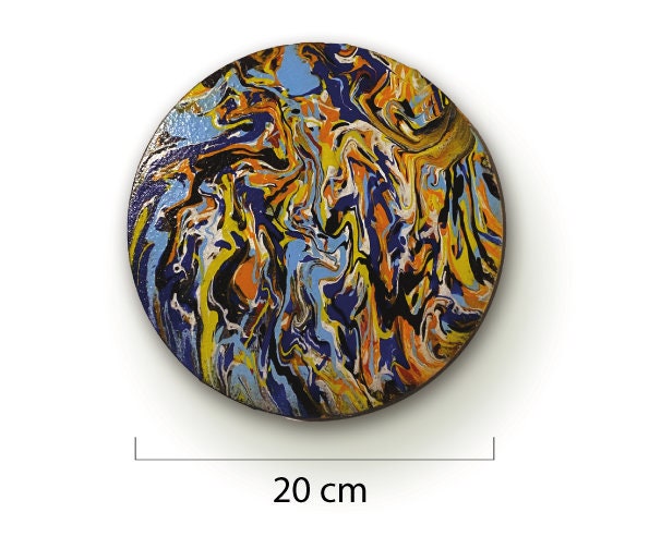 直径20cmのオリジナルの円形抽象アクリル画、カラフル、アクリル注ぎ