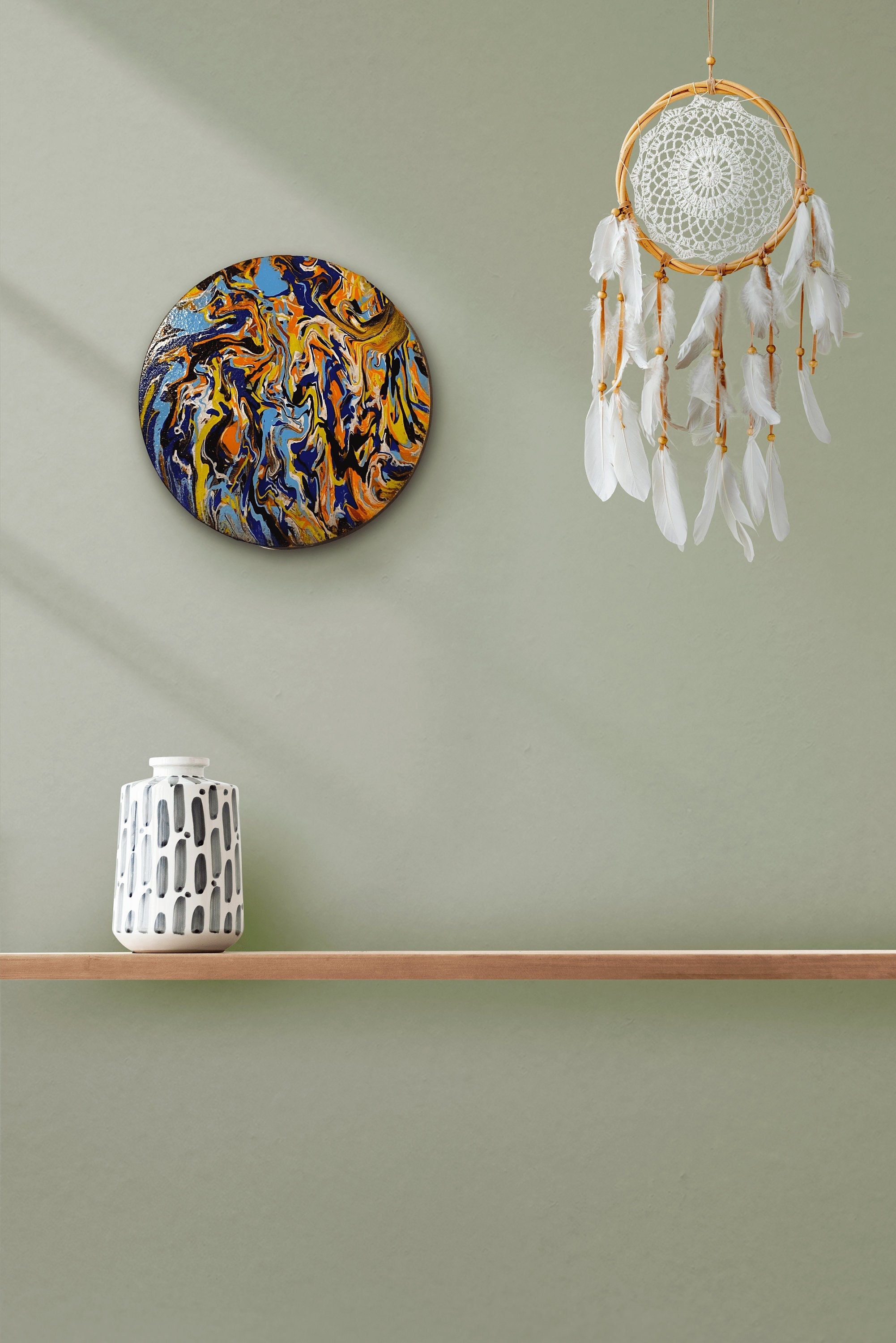 アクリル・ガッシュ 抽象アート 円形 20cm 直径20cmのオリジナルの円形抽象アクリル画、カラフル、アクリル注ぎ