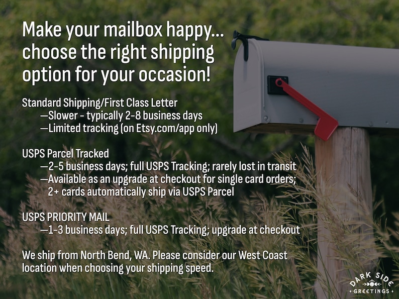 May include: Image of a gray mailbox with a red flag, set against a blurred green background. Text reads: "Make your mailbox happy... choose the right shipping option for your occasion!" and details shipping options.