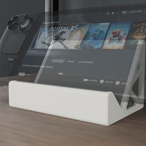 May include: A white, triangular-shaped plastic stand designed to hold a handheld gaming console. The stand features a solid front ledge and a geometric, open-frame side support structure, providing a stable base for the device to rest at an angle.
