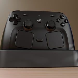 May include: A black wireless video game controller featuring two circular joysticks, a directional pad, four action buttons, two large touchpads, and a central Steam logo button, all resting securely in a matching black charging dock station.