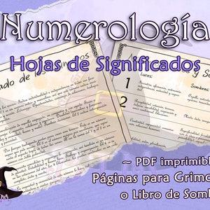 Puede incluir: Un documento PDF imprimible con un sombrero de bruja y el texto "Numerología Hojas de Significado y Sombras". El documento incluye una lista de números con sus significados y sombras, etiquetados como "Luces" y "Sombras".