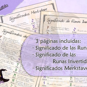 Pu&ograve; includere: Tre pagine di significati delle rune stampabili in stile vintage. Le pagine includono i significati delle rune, i significati delle rune invertite e i significati delle rune secondo il sistema Merkstave. Le pagine sono in spagnolo.