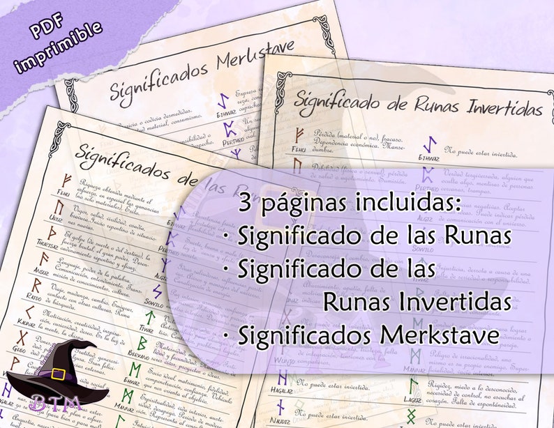 Pu&ograve; includere: Tre pagine di significati delle rune stampabili in stile vintage. Le pagine includono i significati delle rune, i significati delle rune invertite e i significati delle rune secondo il sistema Merkstave. Le pagine sono in spagnolo.
