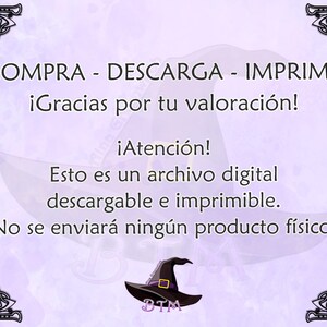 Pu&ograve; includere: Uno sfondo viola e bianco con un'illustrazione in bianco e nero di un bordo di nodo celtico. Il testo "COMPRA - DESCARGA - IMPRIME" &egrave; in nero. Il testo "&iexcl;Gracias por tu valoraci&oacute;n!" &egrave; in nero. Il testo "&iexcl;Atenci&oacute;n!" &egrave; in nero. Il testo "Esto es un archivo digital descargable e imprimible." &egrave; in nero. Il testo "No se enviar&aacute; ning&uacute;n producto f&iacute;sico." &egrave; in nero. Un'illustrazione in bianco e nero di un cappello da strega con il testo "BTM" &egrave; al centro in basso.