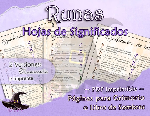 Runes Futhark Cheat Sheet Spanish, Reverse and Merkstave meanings. Grimoire and Book of Shadows pages. Spanish Printable download