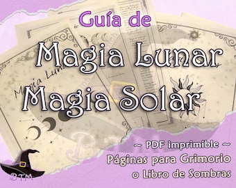 Guida stampabile alla magia lunare e alla magia solare, guida in spagnolo. Pagine del Grimorio o del Libro delle Ombre. Download digitale spagnolo
