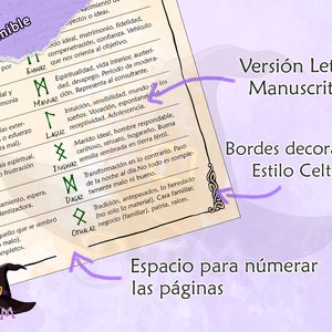 Pu&ograve; includere: Un documento PDF stampabile con un bordo in stile celtico. Il documento presenta un elenco di rune nordiche con i loro nomi e significati in spagnolo. Il testo include parole come "ideale", "matrimonio", "fedelt&agrave;", "veicolo", "trasformazione" e "tradizione".