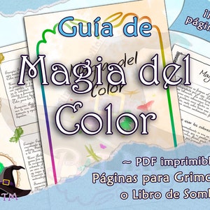 Puede incluir: Una guía imprimible sobre magia del color con 12 páginas para un grimorio o libro de sombras. La portada presenta una ilustración colorida de una libélula y el texto "Guía de Magia del Color" en una fuente decorativa.