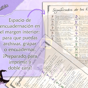 Pu&ograve; includere: Un foglio PDF stampabile con uno sfondo viola e bianco che presenta una tabella di rune e i loro significati in spagnolo. Il testo "Significados de las Runas" &egrave; in cima alla tabella. Il foglio &egrave; progettato con un margine per la rilegatura.