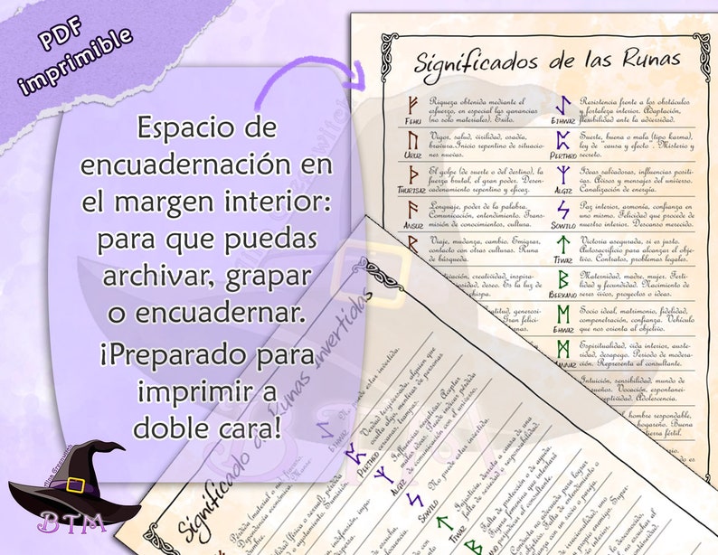 Pu&ograve; includere: Un foglio PDF stampabile con uno sfondo viola e bianco che presenta una tabella di rune e i loro significati in spagnolo. Il testo "Significados de las Runas" &egrave; in cima alla tabella. Il foglio &egrave; progettato con un margine per la rilegatura.