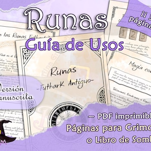 Puede incluir: Una descarga digital en morado y blanco para una guía de 30 páginas sobre runas. La guía incluye información sobre la historia de las runas, cómo usarlas para la magia y cómo crear talismanes. El texto de la portada dice "Runas Guía de Usos - Futhark Antiguo - Versión Manuscrita - PDF imprimible - Páginas para Grimorio o Libro de Sombras".