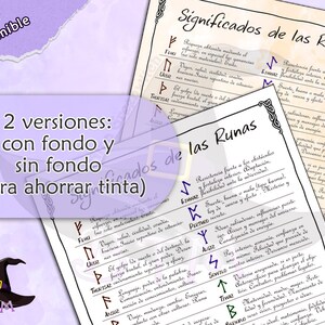 Pu&ograve; includere: Due versioni di un documento PDF stampabile con uno sfondo beige chiaro. Il documento presenta un elenco di rune con i loro significati in spagnolo. Il documento &egrave; intitolato "Significados de las Runas". Il documento &egrave; disponibile con e senza sfondo per risparmiare inchiostro.