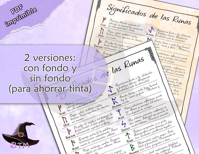 Pu&ograve; includere: Due versioni di un documento PDF stampabile con uno sfondo beige chiaro. Il documento presenta un elenco di rune con i loro significati in spagnolo. Il documento &egrave; intitolato "Significados de las Runas". Il documento &egrave; disponibile con e senza sfondo per risparmiare inchiostro.