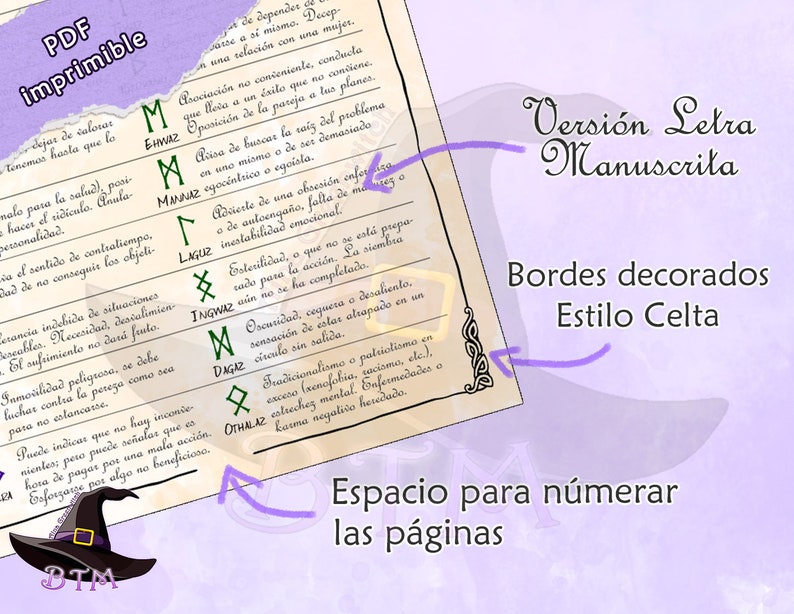Pu&ograve; includere: Un documento PDF stampabile con un bordo in stile celtico e un'illustrazione di un cappello da strega. Il documento presenta un elenco di rune con i loro nomi e significati in spagnolo. Il testo include frasi come "Versi&oacute;n Letra Manuscrita" e "Bordes Decorados Estilo Celta".