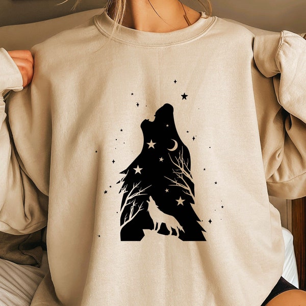 Wolf moon and Stars Sweatshirt, Howling Wolf Tee, Halloween Sweater, Wolf shirt, Fall Sweat, Halloween Wolf Lover Gift, Animal Lover Sweat