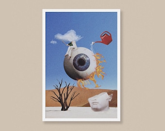 May include: A surrealist collage featuring a giant eye with flames, a person sitting on the eye holding a watering can, and a broken statue in a desert landscape.