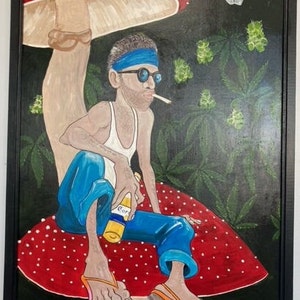 May include: A painting of a cartoon character sitting on a red and white mushroom with a green leafy background. The character is wearing blue jeans, a white tank top, sunglasses, and a blue bandana. The character is holding a bottle of beer and a cigarette. The painting is signed "Heywood" and "JKMB 22".