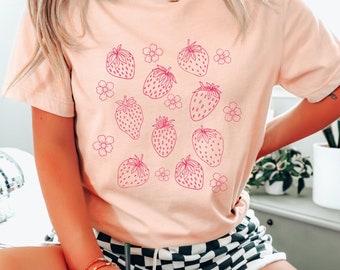 Erdbeer Shirt Blumen Erdbeer Tshirt Cottage Core Shirt Tee Garten Shirt Kleidung Erdbeere Kleidung Erdbeer Top Botanische Ästhetik