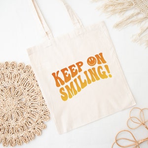 Keep on Lächeln Positive Spruch Zitat Tasche Retro glückliches Gesicht Canvas Einkaufstasche, Lächeln Gesicht Natürliche Baumwolle wiederverwendbare Einkaufstasche