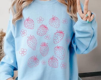 ストロベリー スウェットシャツ かわいい ヴィンテージ フルーツ セーター ソフト 美的 花柄 植物柄 トップ コテージ コア 衣類 かわいい クルーネック 自然 ファームコア
