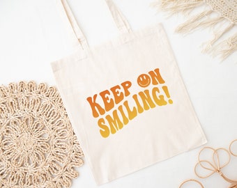 Keep on Smiling Positive Saying Quote Bag Retro Happy Face Canvas Tote Bag, Smile face Natural cotton reusable grocery shopping bag