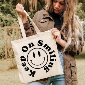 Keep on Smiling Canvas Tote Bag, Funny Sayings Tote Bag, Retro &#39;90&#39;s Y2K Smile Face Everyday Tote Bag, Happy Face Reusable shopping Bag