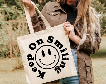 Keep on Smiling Canvas Tote Bag, Funny Sayings Tote Bag, Retro '90's Y2K Smile Face Everyday Tote Bag, Happy Face Reusable shopping Bag