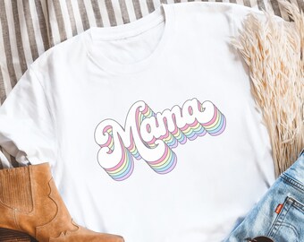 Retro Pastel Rainbow "Mama" Shirt, Trendy Mama Tshirt, Vintage Mama T-Shirt, Retro Mom Shirt, Mom Life Shirt Gift for Mom, Mom birthday Gift