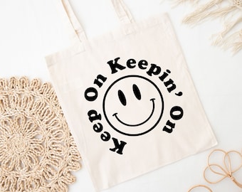 Keep on Keepin' on Canvas Tote Bag, Funny Sayings Tote Bag, Retro '90's Y2K Smile Face Everyday Tote Bag, Happy Face Reusable shopping Bag
