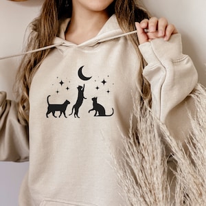 Black Cats Crescent Moon Halloween Hooded Sweatshirt, Halloween Hoodie, gift for cat lover, spooky season hoodie, oversized hoodie