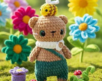 Crochet Bear with Bee Pattern, Amigurumi Teddy Bear Tutorial, Garden Animal Plushie DIY, Cute Stuffed Bear Project, Digital Download PDF